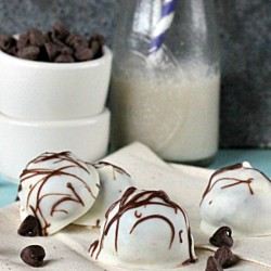 White chocolate truffles on a table.