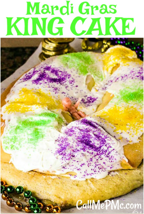 My favorite Mardi Gras King Cake is flavored with sweetened a cream cheese and cinnamon sugar filling then drizzled with icing and topped with colored sugar.