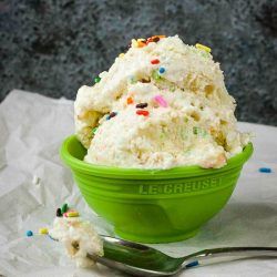 It comes together in minutes with only four, yes four, ingredients! Try my Skinny Cake Batter No Churn Ice Cream now!