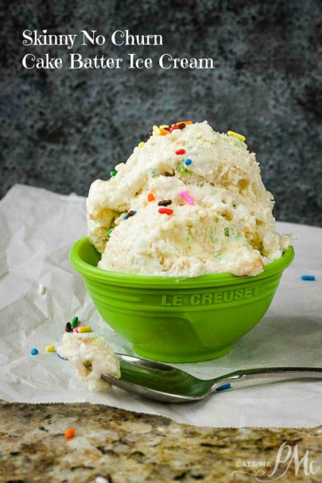 It comes together in minutes with only four, yes four, ingredients! Try my Skinny Cake Batter No Churn Ice Cream now!