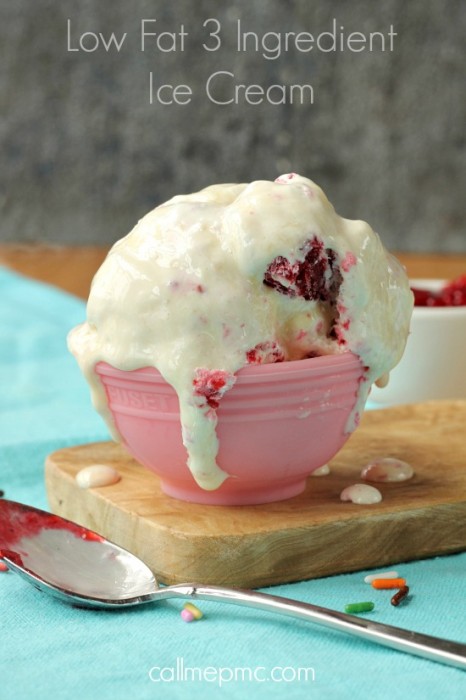 Low Fat 3 Ingredient No Churn Ice Cream is rich, sweet and creamy with just enough tart raspberries to give it a little zing! #icecream