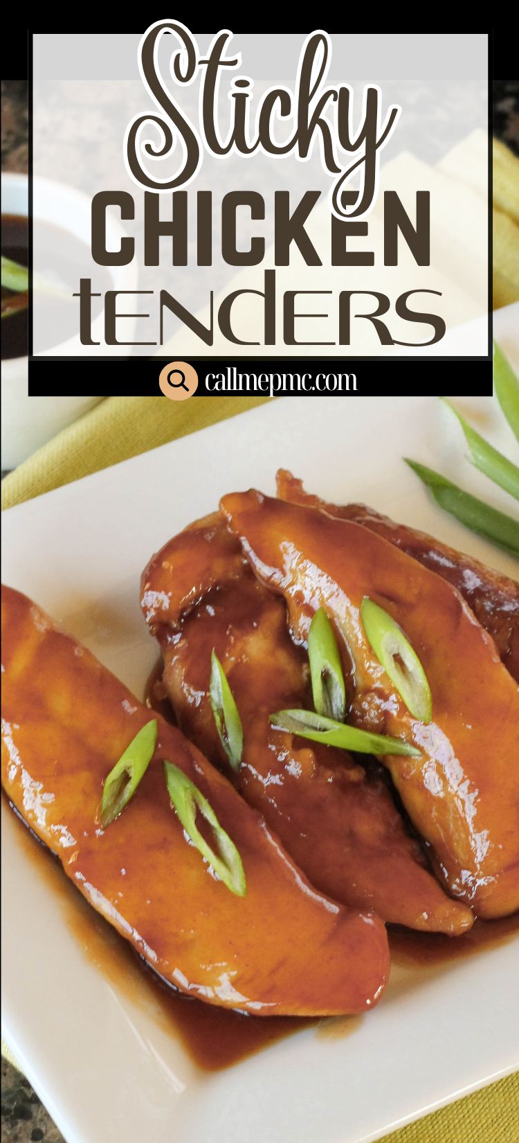 Three glazed chicken tenders with sticky sauce, inspired by our Sticky Chicken Tenders Recipe, garnished with sliced green onions and served on a white plate with a yellow napkin underneath.