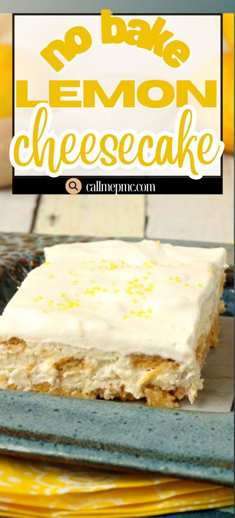 A square slice of no bake lemon cheesecake bars with a crumbly base and creamy topping, garnished with yellow sprinkles, sits on a blue plate.