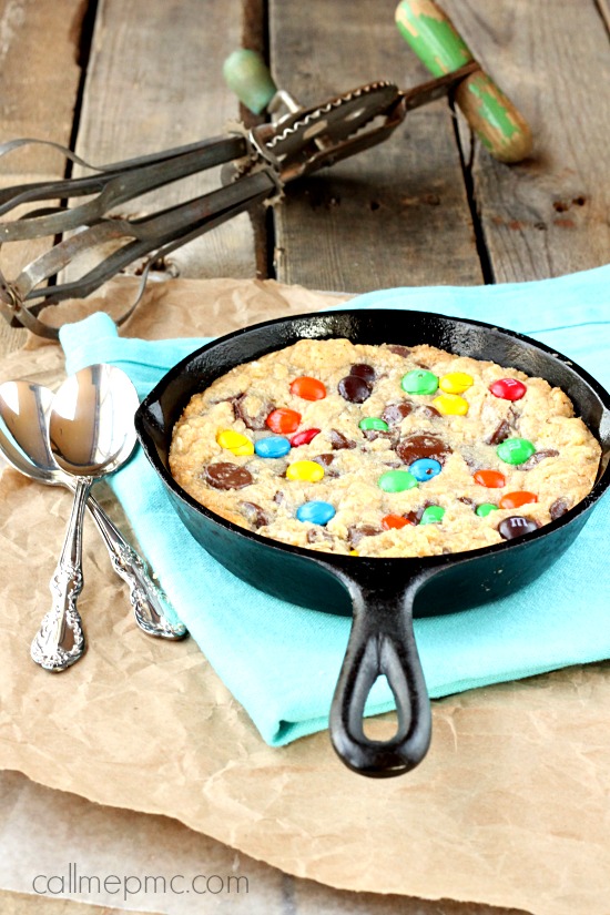 Double Chocolate Pizookie Chocolate chip pizza cookie (skillet cookie) with M&Ms