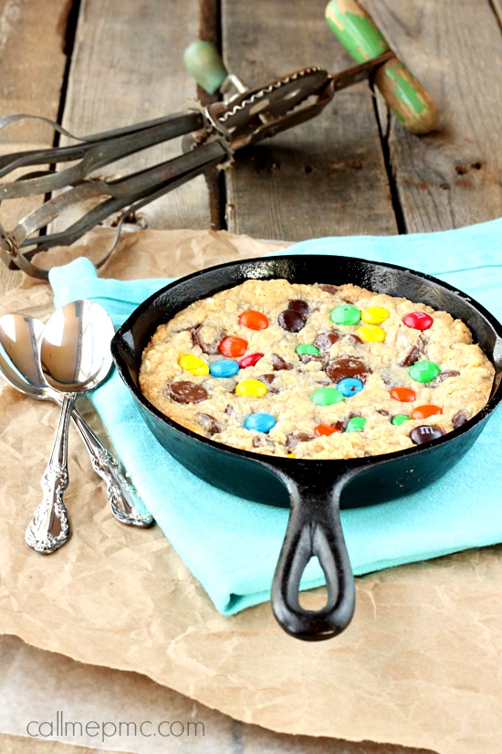 Chocolate chip pizza cookie (skillet cookie) with M&Ms