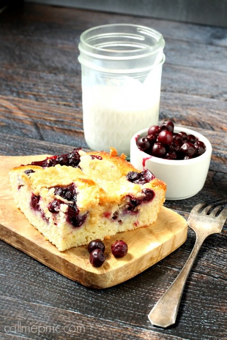 Fresh Blueberry Coffee Cake on a board.