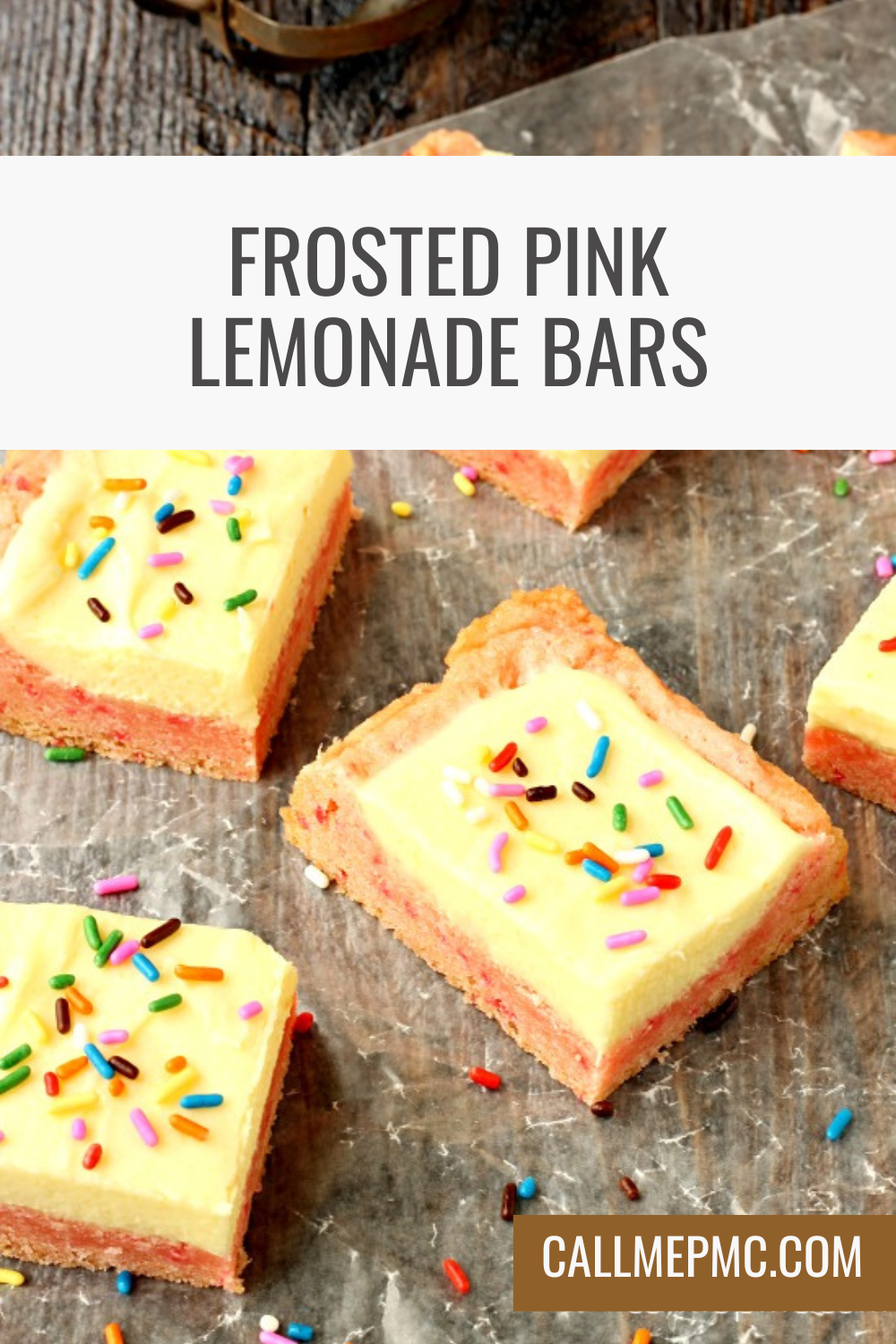 Several Frosted Pink Lemonade Bars topped with colorful sprinkles are arranged on a sheet of parchment paper, creating a vibrant and irresistible dessert display.