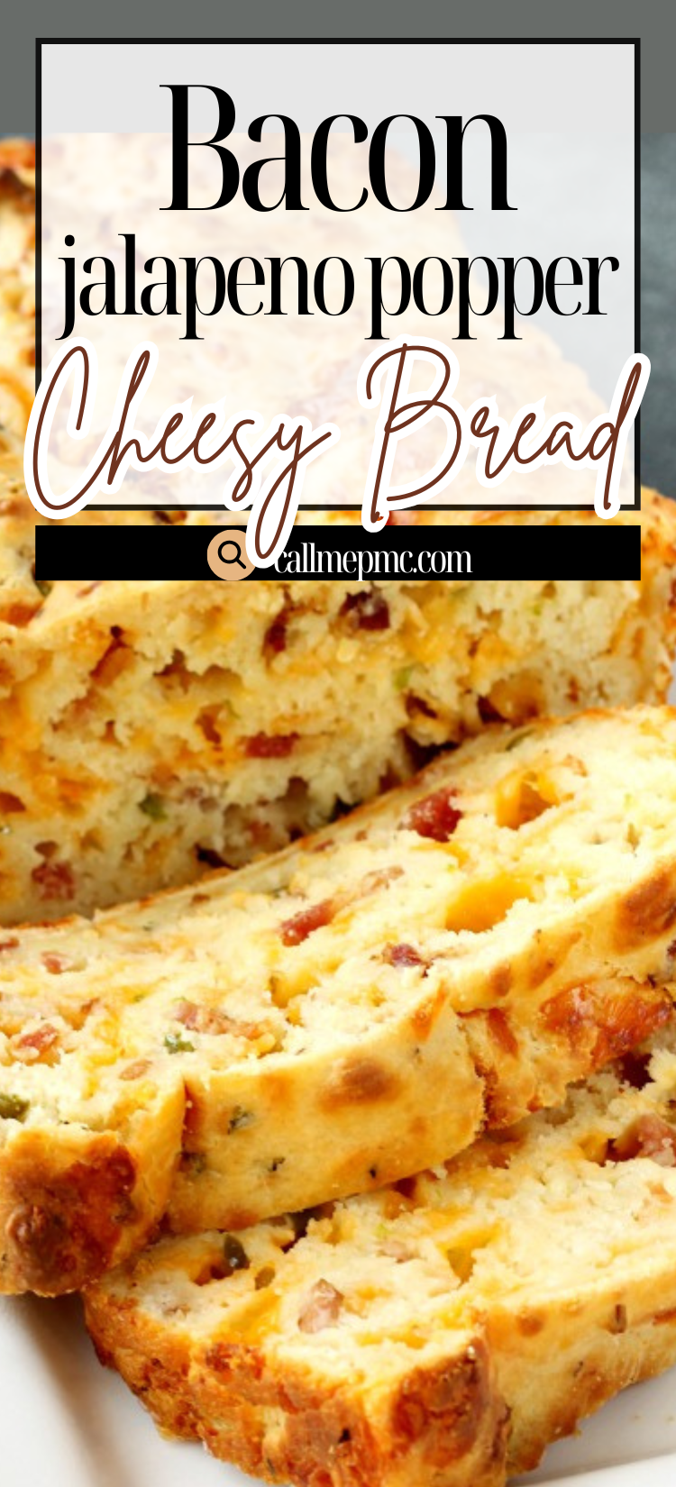 Close-up of Bacon Jalapeno Popper Cheesy Bread, featuring a golden crust with visible pieces of bacon, jalapeno, and gooey melted cheese.