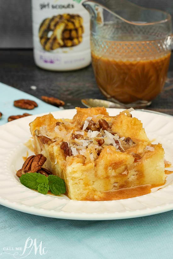 plated caramel and coconut cream bread pudding dessert.