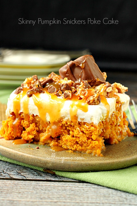 Skinny Pumpkin Snickers Poke Cake with Whipped Cream Frosting, there's something magical about pumpkin and whipped cream! #coolwhip #whippedcream #skinnycake #skinny #recipe #chocolate #Snickers #caramel #light #lightdessert #pumpkin #cake