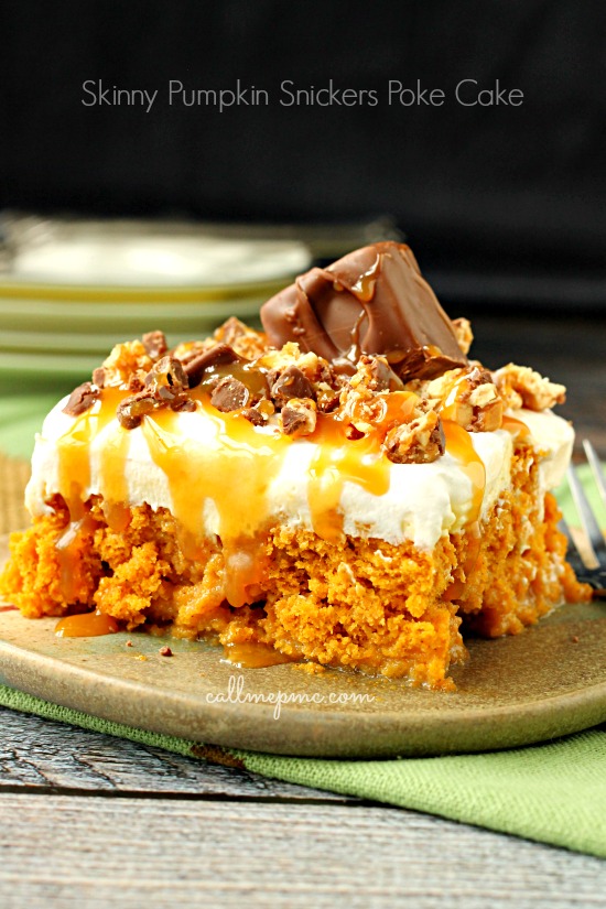 Skinny Pumpkin Snickers Poke Cake 