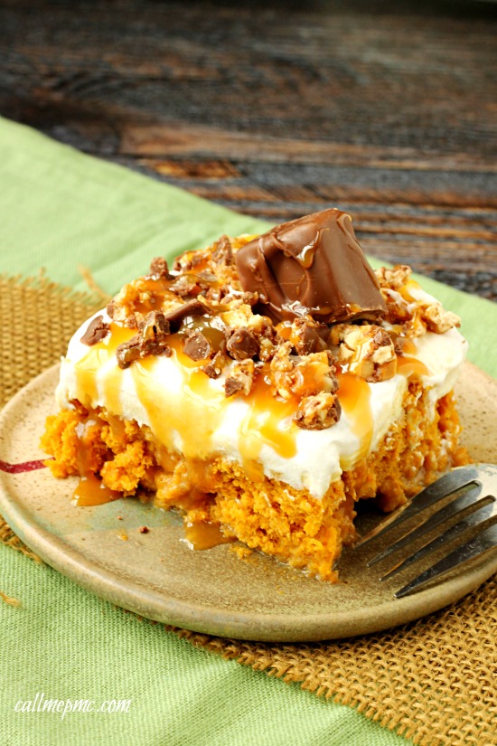 Skinny Pumpkin Snickers Poke Cake with Whipped Cream Frosting 