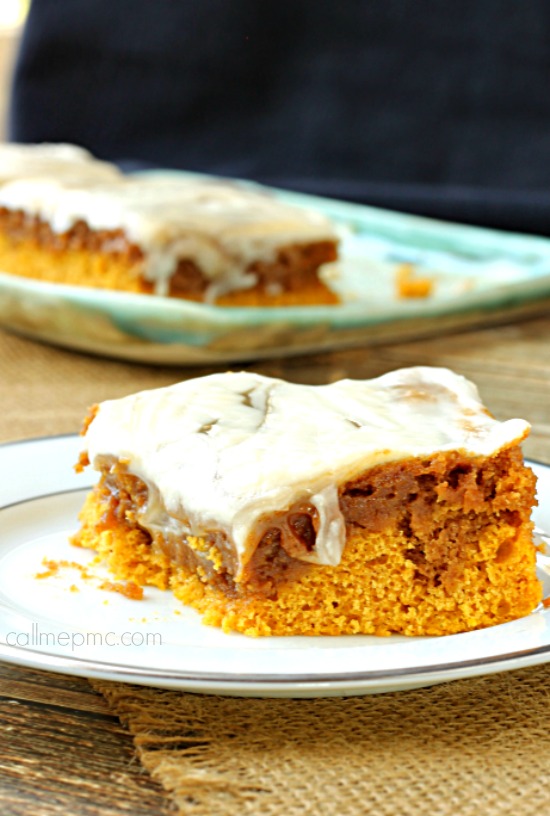 Tender and moist, Pumpkin Cinnamon Roll Cake is simply divine! It's incredibly simple to prepare and requires no waiting for yeast to activate and dough to rise. You'll be enjoying this dessert in less than an hour! #pumpkin #cake #cakemix #cinnamon #cinnamonroll