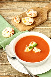 bowl of homemade tomato soup with croutons.