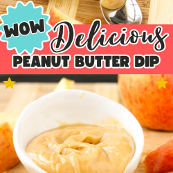 A bowl of creamy Peanut Butter Dip with a spoon, surrounded by crisp apple slices on a wooden surface.