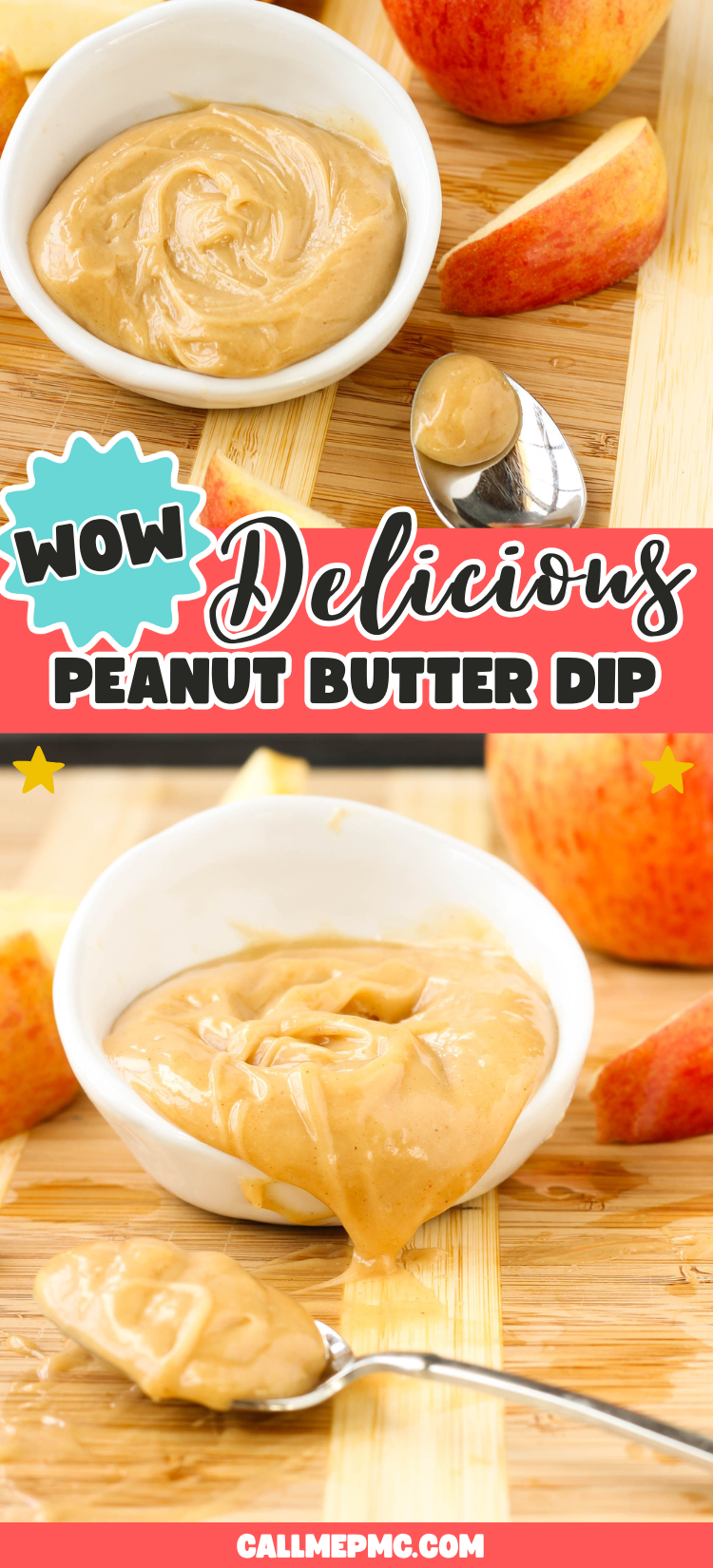 A bowl of creamy Peanut Butter Dip with a spoon, surrounded by crisp apple slices on a wooden surface.