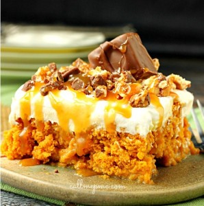 Skinny Pumpkin Snickers Poke Cake with Whipped Cream Frosting