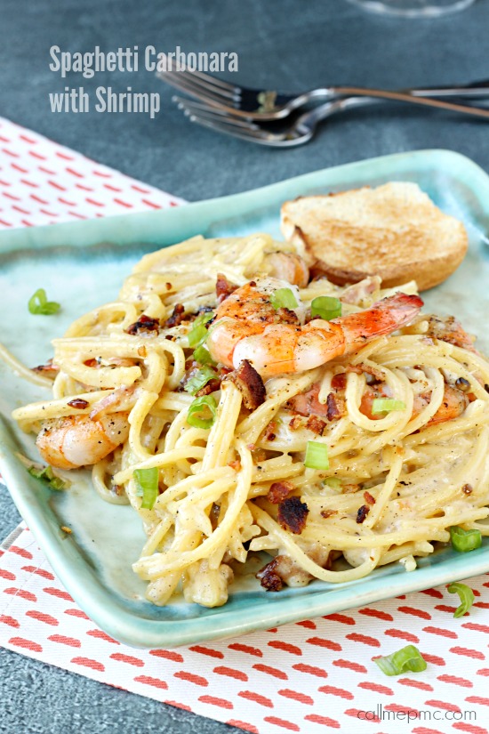recipe. Simply divine Shrimp Spaghetti Carbonara is light and tasty with buttery noodles and succulent shrimp. It's one of my all-time favorite meals. Paired with a great wine, this is a complete comfort food at it's best. Pasta. dinner.