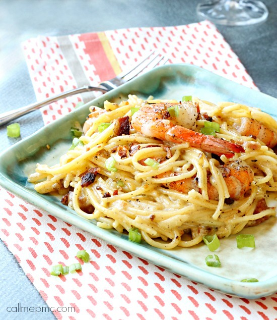 Simply divine Shrimp Spaghetti Carbonara is light and tasty with buttery noodles and succulent shrimp. It's one of my all-time favorite meals. Paired with a great wine, this is a complete comfort food at it's best. #shrimp #pasta #carbonara #spaghetti #seafood Spaghetti Carbonara with Shrimp w2