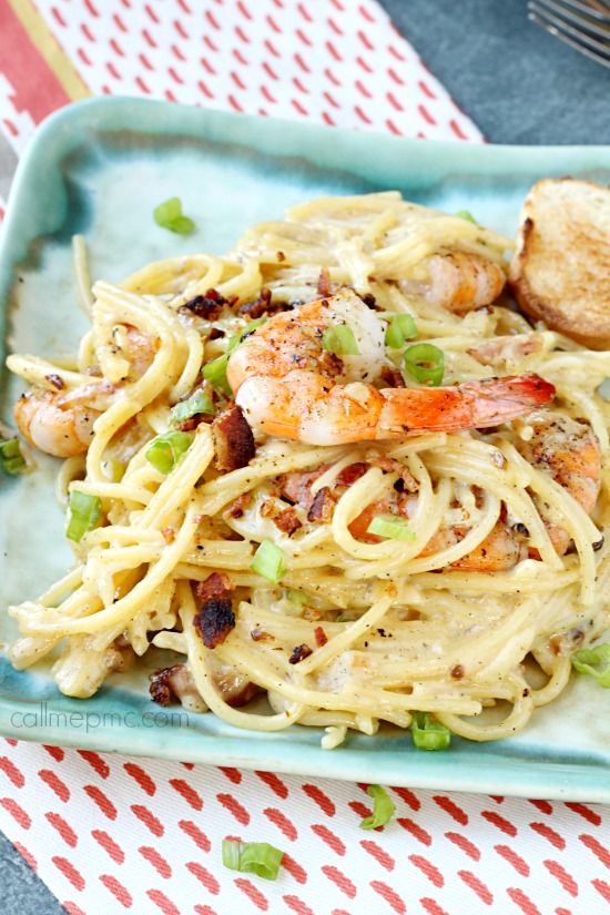 Simply divine Shrimp Spaghetti Carbonara is light and tasty with buttery noodles and succulent shrimp. It's one of my all-time favorite meals. Paired with a great wine, this is a complete comfort food at it's best. #shrimp #pasta #carbonara #spaghetti #seafood Shrimp Spaghetti Carbonara