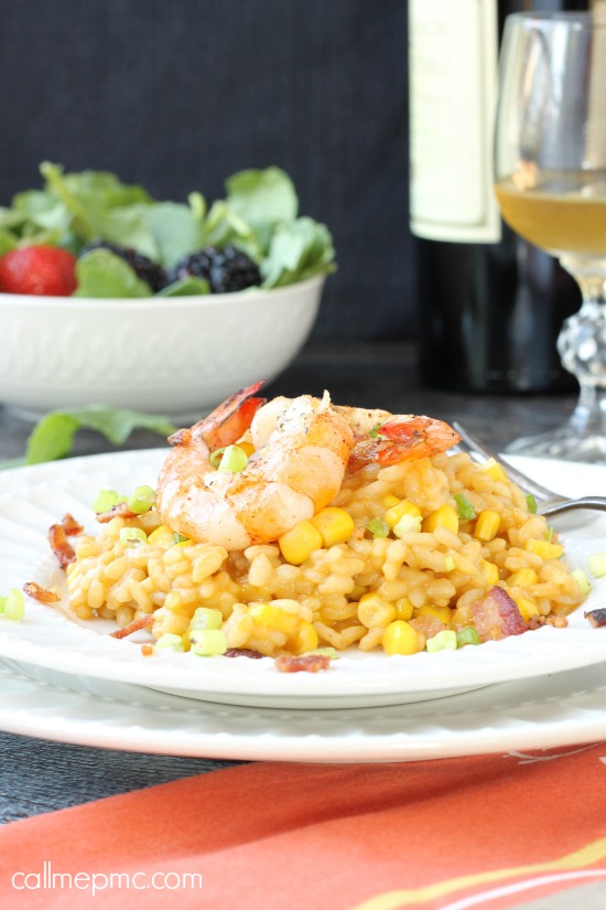 Sweet Corn Risotto with Shrimp. Sweet Corn Risotto with Shrimp - Sweet corn adds a nice crunch to creamy risotto, it's topped with sautéed shrimp and salty bacon for a scrumptious dinner. Sweet Corn Bacon Shrimp Risotto Sweet Corn Risotto