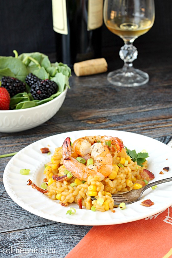 Sweet Corn Risotto with Shrimp. Sweet Corn Risotto with Shrimp - Sweet corn adds a nice crunch to creamy risotto, it's topped with sautéed shrimp and salty bacon for a scrumptious dinner. Sweet Corn Bacon Shrimp Risotto