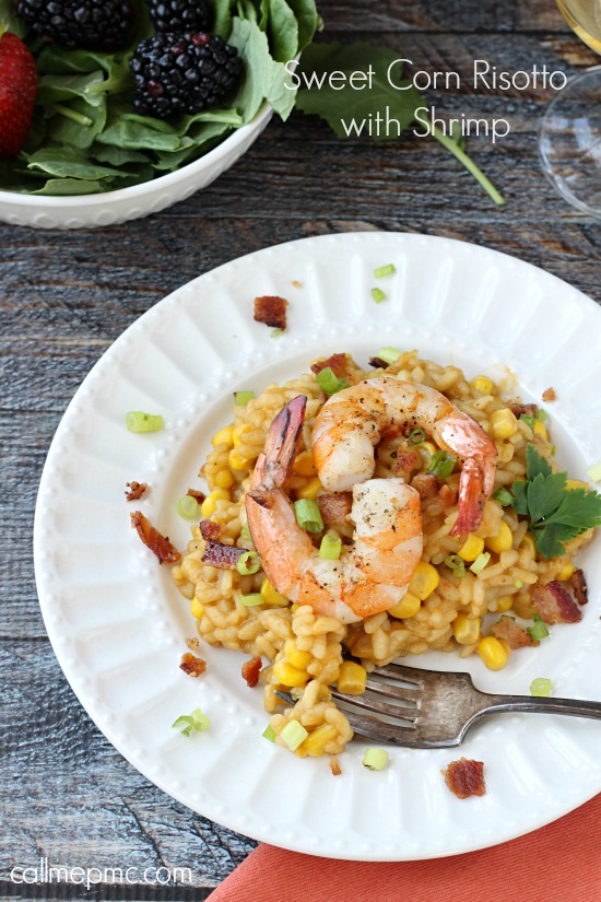 Sweet Corn Risotto with Shrimp. Sweet Corn Risotto with Shrimp - Sweet corn adds a nice crunch to creamy risotto, it's topped with sautéed shrimp and salty bacon for a scrumptious dinner. Sweet Corn Bacon Shrimp Risotto