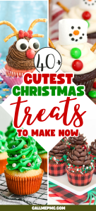 Four decorated Christmas treats, including a reindeer cupcake, snowman cupcake, tree cupcake with green frosting, and chocolate pinecone cupcake. Text reads: "40 Cute Christmas Food Ideas to Make Now.