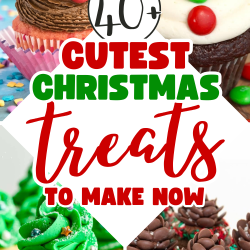 Four decorated Christmas treats, including a reindeer cupcake, snowman cupcake, tree cupcake with green frosting, and chocolate pinecone cupcake. Text reads: "40 Cute Christmas Food Ideas to Make Now.