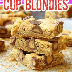 The BEST EVER Peanut Butter Cup Blondies - these cookie bars are filled with peanut butter cups. Gooey and delish! #baking #dessert.