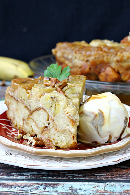 Bananas Foster Bread Pudding Recipe Wedge of cake on a red plate with ice cream.