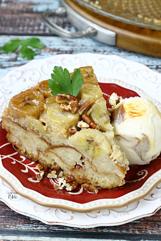 dessert. NOLA. I combined two New Orleans classic desserts into this Bananas Foster Bread Pudding Recipe. It's rich, buttery, and moist with a distinct flavor that will keep you going back for bite after bite! Wedge of cake with ice creamm.