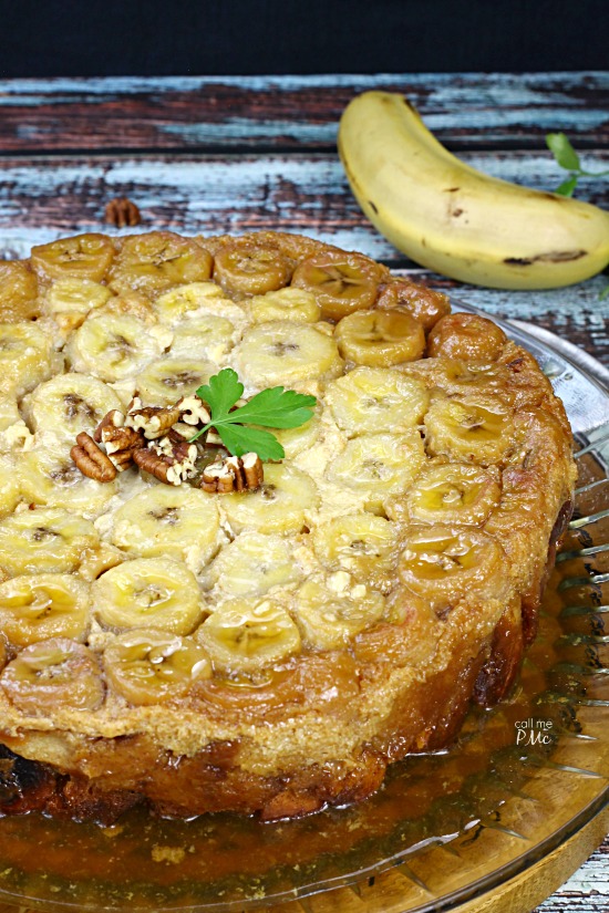 Bananas Foster Bread Pudding Recipe Cake with bananas on top.