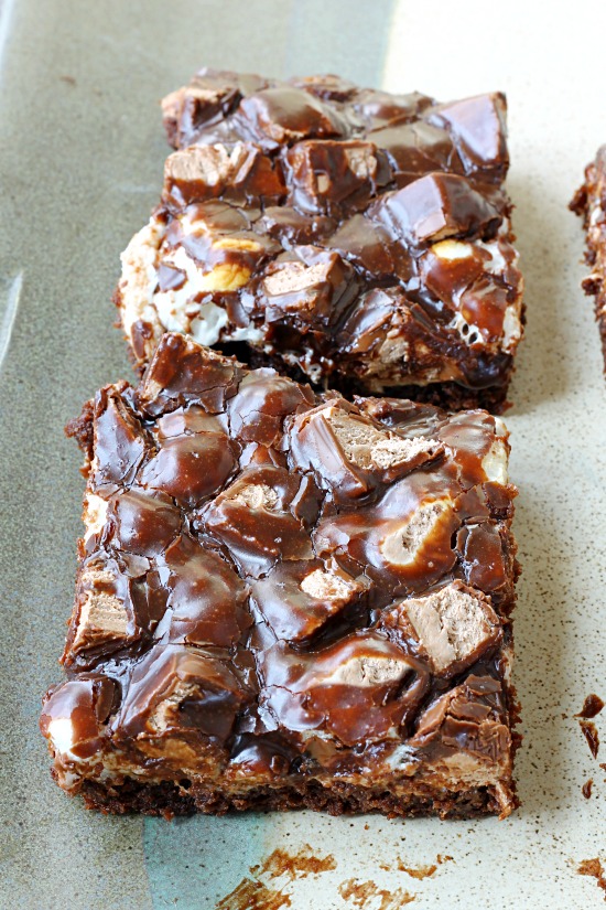 Mississippi mud cake with pieces of 3 Musketeers inside.