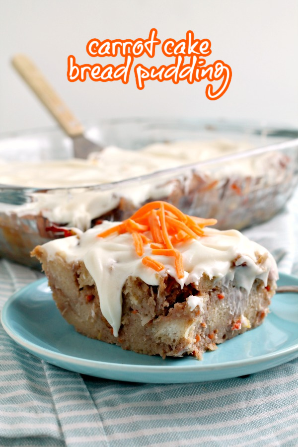 Soft and moist inside with a crispy and crunchy top, this Cream Cheese Glazed Carrot Cake Bread Pudding Recipe is packed with traditional carrot cake flavors! #carrotcake #carrots #cake #breadpudding #creamcheese #dessert #recipe #callmepmc