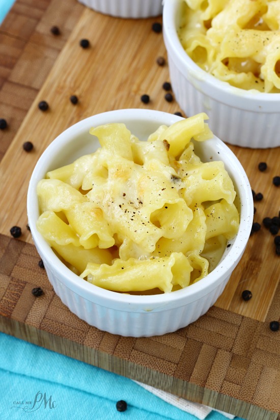 white ramekin filled with macaroni and cheese made with 3 ingredients.
