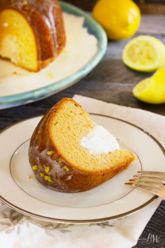 plated slice of cream filled bundt cake.