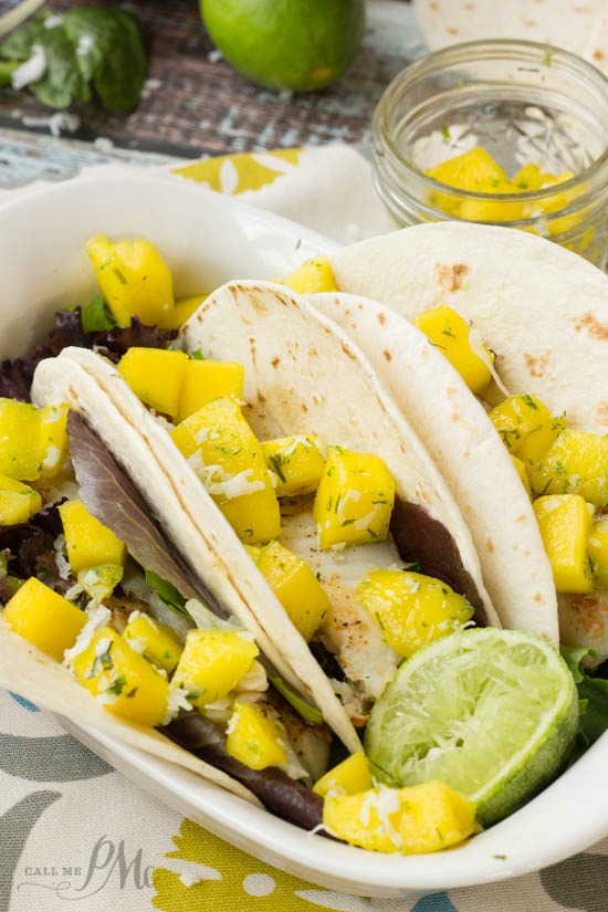 Bright and fresh, Fish Tacos with Mango Coconut Lime Salsa is an easy weekday dinner that you can have ready in less than 30 minutes!