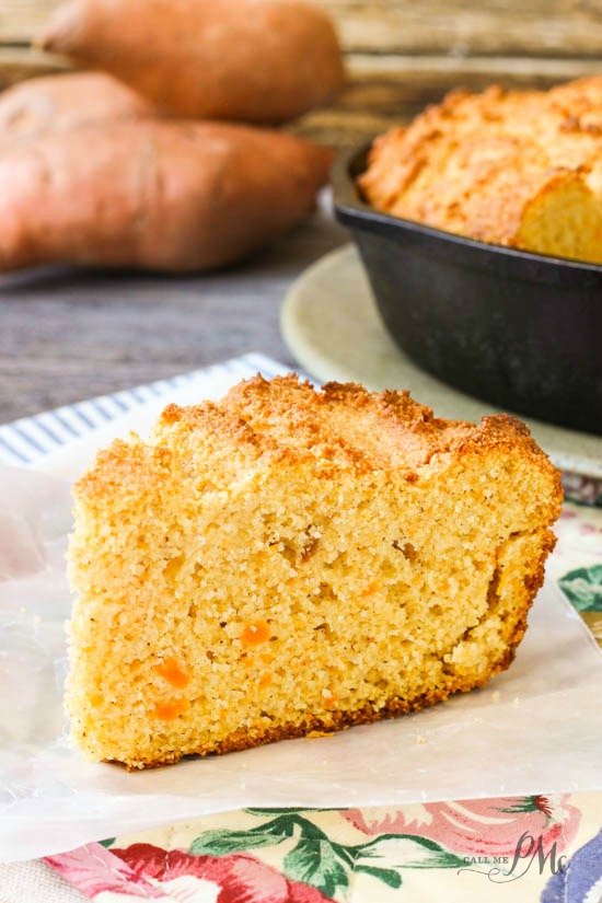 Sour cream and mashed sweet potatoes keep this Sweet Potato Sour Cream Cornbread Recipe nice and moist on the inside while still being crusty on the outside.