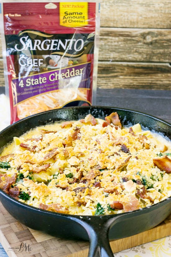 skillet of cheesy pasta with bacon.