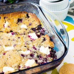 Blueberry Cream Cheese Dump Cake has got to be the easiest cake in the world to make. Fresh blueberries sit on the bottom with chunks of cream cheese scattered throughout.