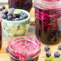 jars of homemade blueberry jam.