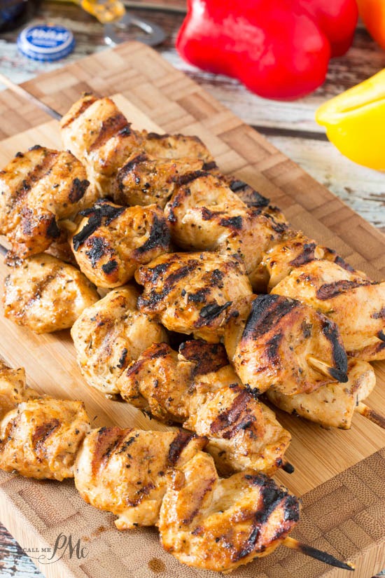 Chicken Fajitas on a Stick are a fun and festive way to serve fajitas! They are great an appetizer or a meal and ready in less than 10 minutes! Grilled chicken on skewers.