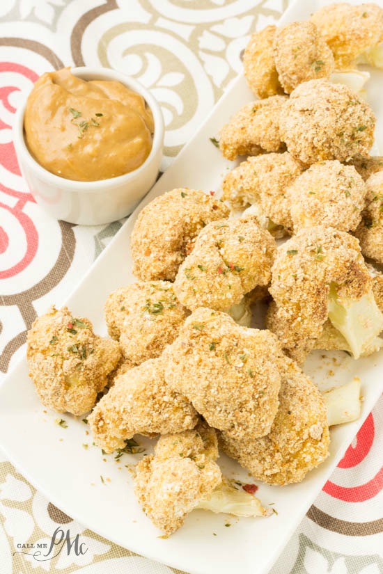 Skinny Baked Breaded Cauliflower with Almond Butter Sauce recipe makes a healthy snack or side.
