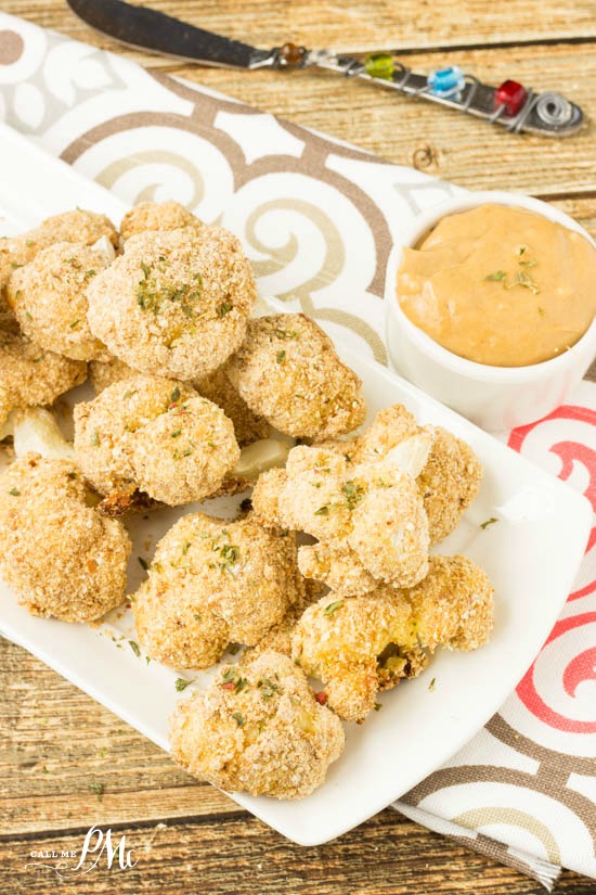 Skinny Baked Breaded Cauliflower with almond butter dipping sauce