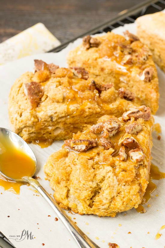 Sugared Pecan Crumble Topped Sweet Potato Caramel Scones tastes like a mix  between Sweet Potato casserole and a Pecan Pie.  They are sweet and tender with a buttery crunchy topping thanks to the struesel and pecans. #pecans #sweetpotatoes #scones #biscuits #bread #breakfast #brunch #recipe