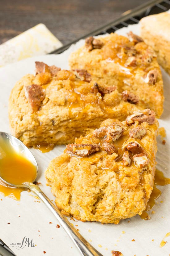 Sugared Pecan Crumble Topped Sweet Potato Caramel Scones tastes like a mix ย between Sweet Potato casserole and a Pecan Pie. ย They are sweet and tender with a buttery crunchy topping thanks to the struesel and pecans. #pecans #sweetpotatoes #scones #biscuits #bread #breakfast #brunch #recipe Sugared Pecan Crumble Topped Sweet Potato Caramel Scones