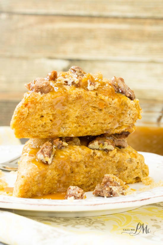 Sugared Pecan Crumble Topped Sweet Potato Caramel Scones tastes like a mix ย between Sweet Potato casserole and a Pecan Pie. ย They are sweet and tender with a buttery crunchy topping thanks to the struesel and pecans. #pecans #sweetpotatoes #scones #biscuits #bread #breakfast #brunch #recipe Sugared Pecan Crumble Topped Sweet Potato Caramel Scones