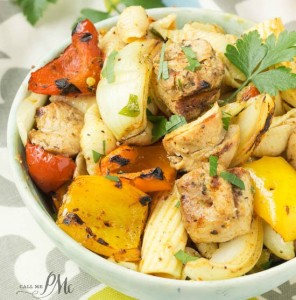 chicken fajita pasta salad in a white serving bowl.
