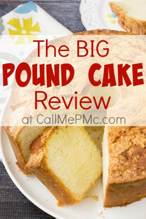 Pound Cake review overlay photo of pound cake with slices cut.